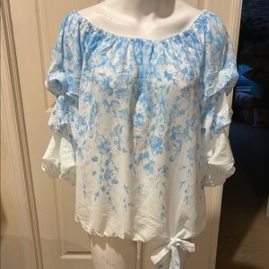 Floral Off-Shoulder Blouse - Blue and White. NWT. Size Large